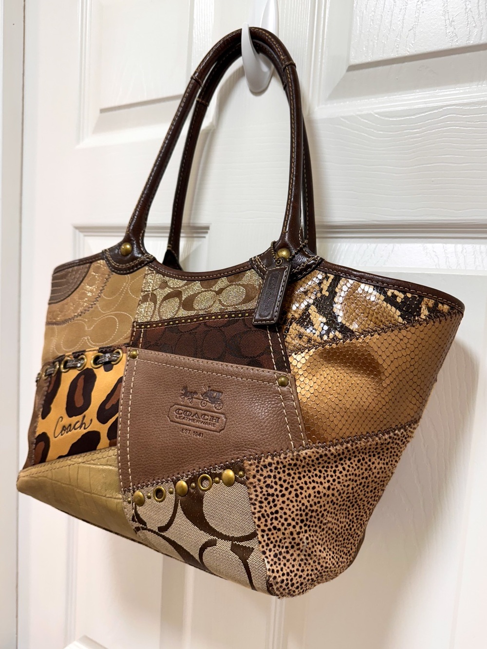 Coach Bleecker Patchwork Signature Jacquard Leather Animal Print Large Tote Y2K - Picture 4 of 17